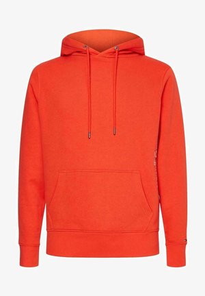 Sweat à capuche orange vif avec poche kangourou à l'avant, cordons de serrage, manches longues et poignets et ourlet côtelés.