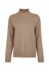 Beige gestrickter Pullover mit hohem Kragen, langen Ärmeln, gerippten Bündchen und Saum. Hat eine lockere Passform und eine weiche Textur.