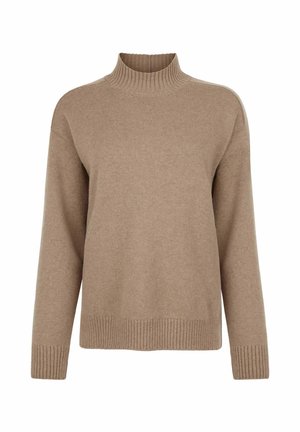Maglione lavorato a maglia beige con collo alto, maniche lunghe, polsini e bordo a coste. Presenta una vestibilità ampia e una texture morbida.