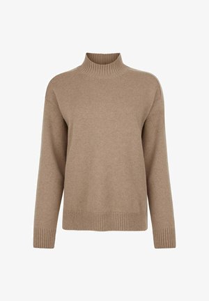 Beige stickad tröja med hög krage, långa ärmar, ribbade muddar och nederkant. Har en lös passform och mjuk struktur.