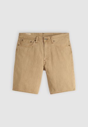 Beige denim shorts with a classic cut, featuring five pockets, belt loops, and a button closure, showcasing a smooth texture.