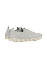 Light gray slip-on shoes made of suede, featuring a textured white rubber sole with ribbed detailing and minimal stitching accents.