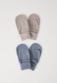 Two pairs of mittens: one light beige, one light blue, both made of soft material with folded cuffs and a simple design.