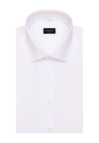 Witte kortärmelig blouse van gladde stof. Voorzien van een klassieke kraag, knopenrij aan de voorkant, een borstzak en een eenvoudig ontwerp.