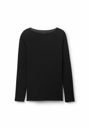 Zwarte lange mouwen top van zacht materiaal. Heeft een ronde halslijn en een rechte onderkant met zijsplitten. Soepele textuur, minimalistisch ontwerp.