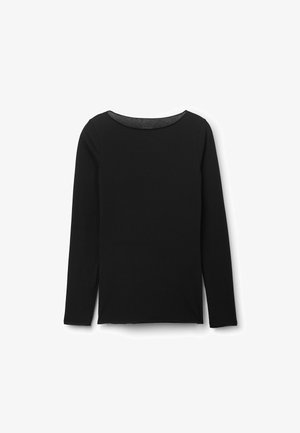 Zwarte lange mouwen top van zacht materiaal. Heeft een ronde halslijn en een rechte onderkant met zijsplitten. Soepele textuur, minimalistisch ontwerp.