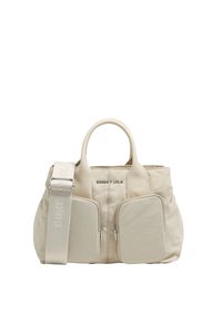 Sac à main en nylon beige avec deux poches zippées à l'avant, des poignées supérieures doubles et une bandoulière amovible avec des détails de logo en relief.