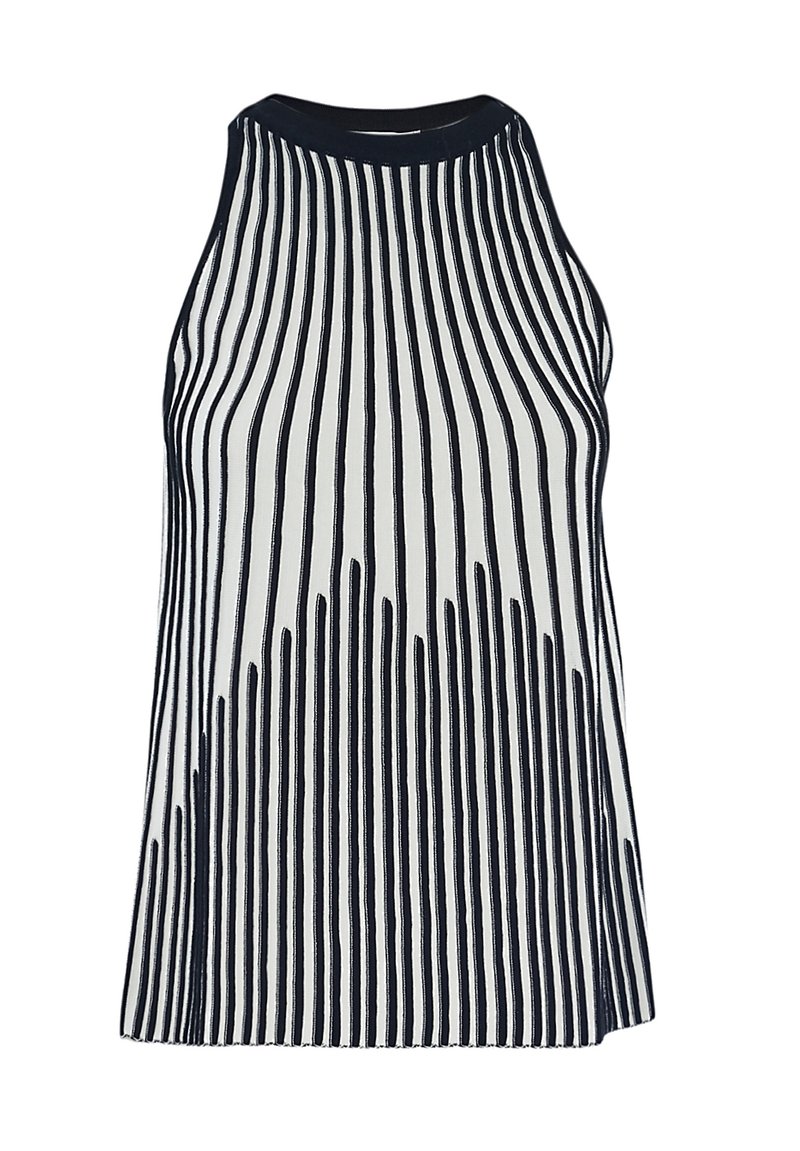 Top senza maniche bianco con righe verticali blu navy, caratterizzato da un collo alto e una forma svasata per una vestibilità rilassata. Tessuto leggero e testurizzato.