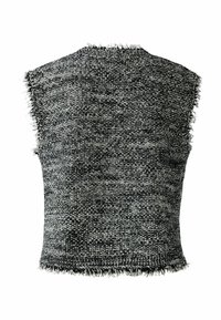 Grauer, ärmelloser Strickpullover mit einem strukturierten, gesprenkelten Muster. Ausfransungen am Ausschnitt und am Saum betonen das legere Design.