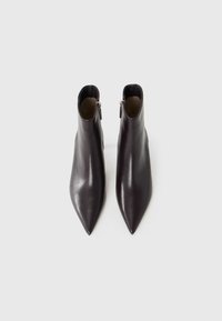 Une paire de bottines en cuir marron foncé avec des orteils pointus et des zips sur les côtés, photographiées de dessus sur un fond blanc uni.