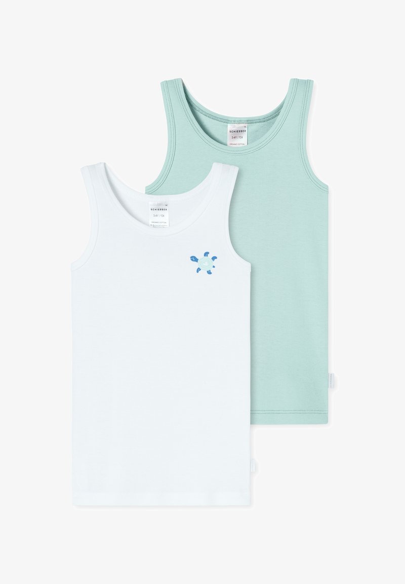 Zwei ärmellose Baumwolloberteile: eines weiß mit einem blauen Schildkrötenmotiv, das andere mintgrün. Beide haben einen runden Halsausschnitt und eine Saumverarbeitung.