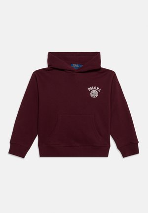 Sweat à capuche bordeaux avec poche avant et petit logo blanc "POLO RL" sur le côté gauche de la poitrine.