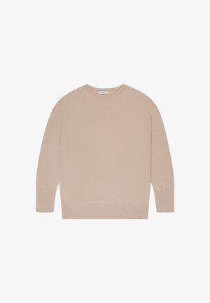 Felpa beige con scollo tondo, maniche lunghe, polsini e orlo a coste, mostrata distesa su sfondo bianco.