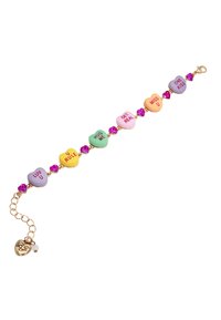 Colorful heart-shaped beads with text, pink and gold accents, and a chain clasp. Features messages like “HUG ME” and “LUV U.”