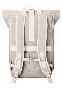 Rolled-top backpack in beige, featuring padded mesh back, adjustable straps, and side pockets. Strong, durable fabric with minimal detailing.