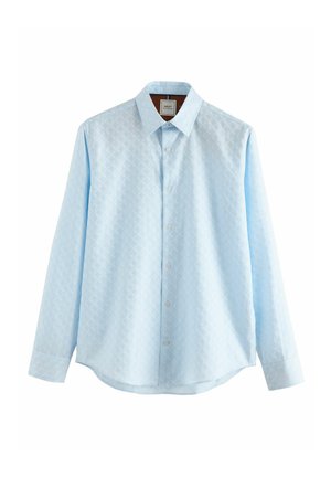 Cămașă butonată de culoare albastru deschis, cu un tipar texturat în diamant, mâneci lungi, guler ascuțit și tiv curbat.