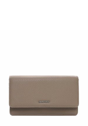 Wallet in textured taupe leather with a flap closure, featuring metallic branding. Rectangular shape with clean lines and smooth edges.