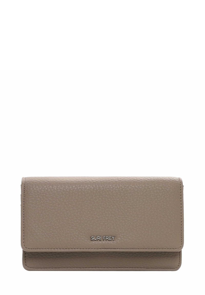 Portemonnee in getextureerd taupe leer met een klep sluiting, voorzien van metalen branding. Rechthoekige vorm met strakke lijnen en gladde randen.