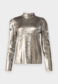 Langärmliges, hochgeschlossenes Oberteil, das mit silbernen Pailletten bedeckt ist. Verfügt über eine glatte Textur, eine figurbetonte Silhouette und Puffärmel-Designmerkmale.