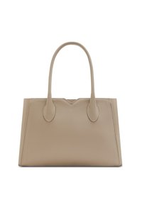 Beige leren tote bag met twee ronde handvatten, gestructureerd ontwerp, V-vormige bovenkant en textuurovervlak. Geen zichtbare hardware of patronen.