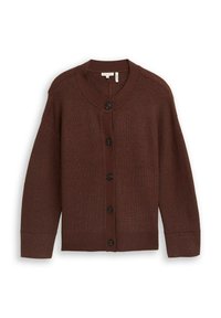 Bruine geribbelde gebreide cardigan met een ronde halslijn, zwarte knopen en een ontspannen pasvorm. Heeft lange mouwen en een zachte textuur.