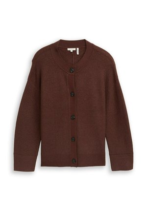 Bruine geribbelde gebreide cardigan met een ronde halslijn, zwarte knopen en een ontspannen pasvorm. Heeft lange mouwen en een zachte textuur.