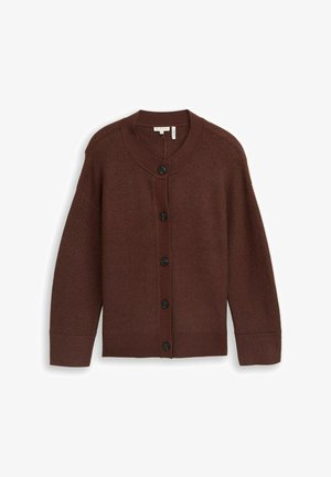 Brown ribbed knit cardigan with a round neckline, black buttons, and a relaxed fit. Features long sleeves and a smooth texture.