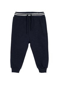 Marineblaue Jogginghosen aus einem weichen, strukturierten Material, mit einem gestreiften, elastischen Bund, Kordelzug und elastischen Bündchen an den Knöcheln.