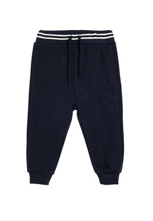 Marineblaue Jogginghosen aus einem weichen, strukturierten Material, mit einem gestreiften, elastischen Bund, Kordelzug und elastischen Bündchen an den Knöcheln.