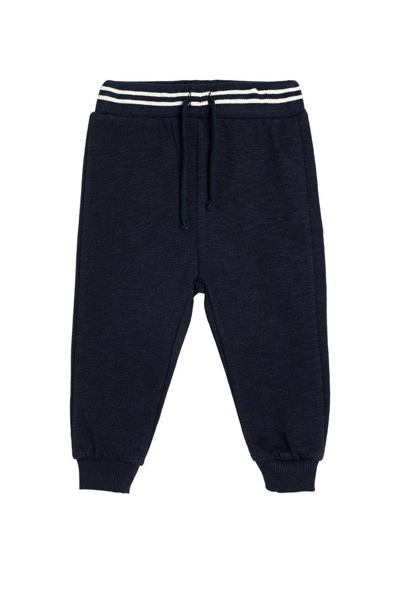 Marineblaue Jogginghosen aus einem weichen, strukturierten Material, mit einem gestreiften, elastischen Bund, Kordelzug und elastischen Bündchen an den Knöcheln.