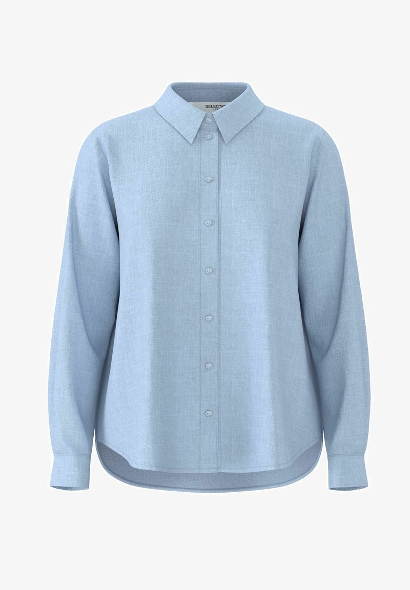 Ljusblå skjorta med krage, långa ärmar och rundad nederkant. Tyget har en subtil struktur och har matchande knappar.