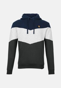 Hanorac cu glugă, cu un design în formă de chevron în culorile bleumarin, gri și negru, cu buzunar frontal și glugă cu șnur. Material texturat.