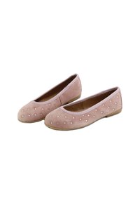 Bailarinas de ante rosa con punta redondeada y adornadas con pequeños rhinestones decorativos a lo largo de la parte superior. Interior forrado suave.