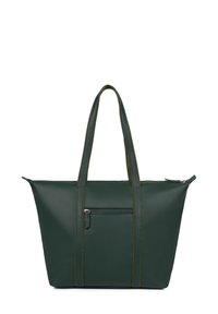 Borsa a spalla in pelle verde con due manici, dotata di una tasca frontale con cerniera e cuciture a contrasto lungo le cuciture. Texture liscia, forma rettangolare.