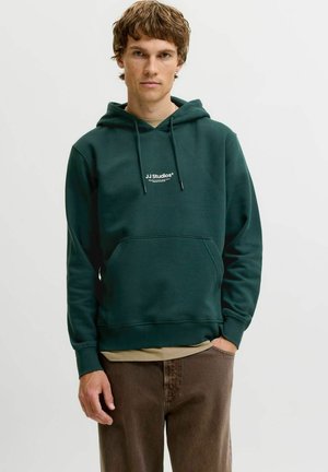Jeune homme portant un sweat à capuche vert foncé avec le texte "JJ Studios", une chemise beige en dessous et un pantalon marron, debout devant un fond blanc uni.