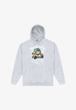 Sudadera con capucha gris claro con un gráfico colorido de un robot y texto estilizado en blanco y negro en el pecho, con un bolsillo frontal tipo canguro.