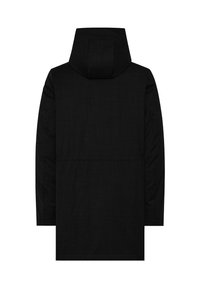 Sort lang frakke med hætte, der har en glat tekstur og et enkelt design. Ingen synlige metaldele eller mønstre. Bagviewet viser rene linjer.