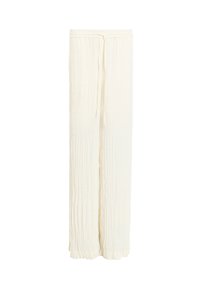 Lichte, gekreukelde stoffen wijde broek in crème met een trekkoord in de taille. Heeft een flowy ontwerp en een relaxed fit.