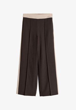 Pantalon noir à jambes larges avec panneaux latéraux beige et ceinture beige, présenté à plat de face.