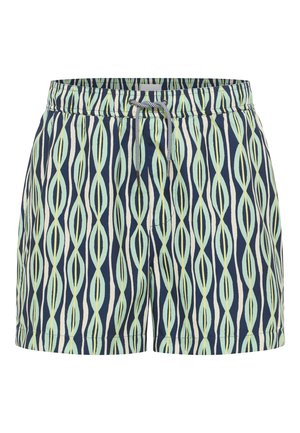 Herren Badehosen aus leichtem Stoff, mit einem blauen Hintergrund und abstrakten Wellenmustern in Grün und Creme, elastischem Bund und Kordelzug.