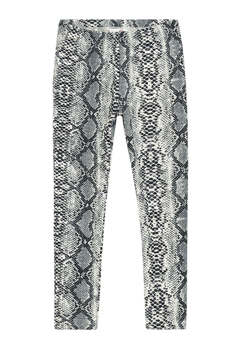 Schlangenprint-Leggings in Schwarz und Weiß mit glatter Textur. Sie verfügen über ein dehnbares Material und ein eng anliegendes Design mit einem breiten Taillenbund.