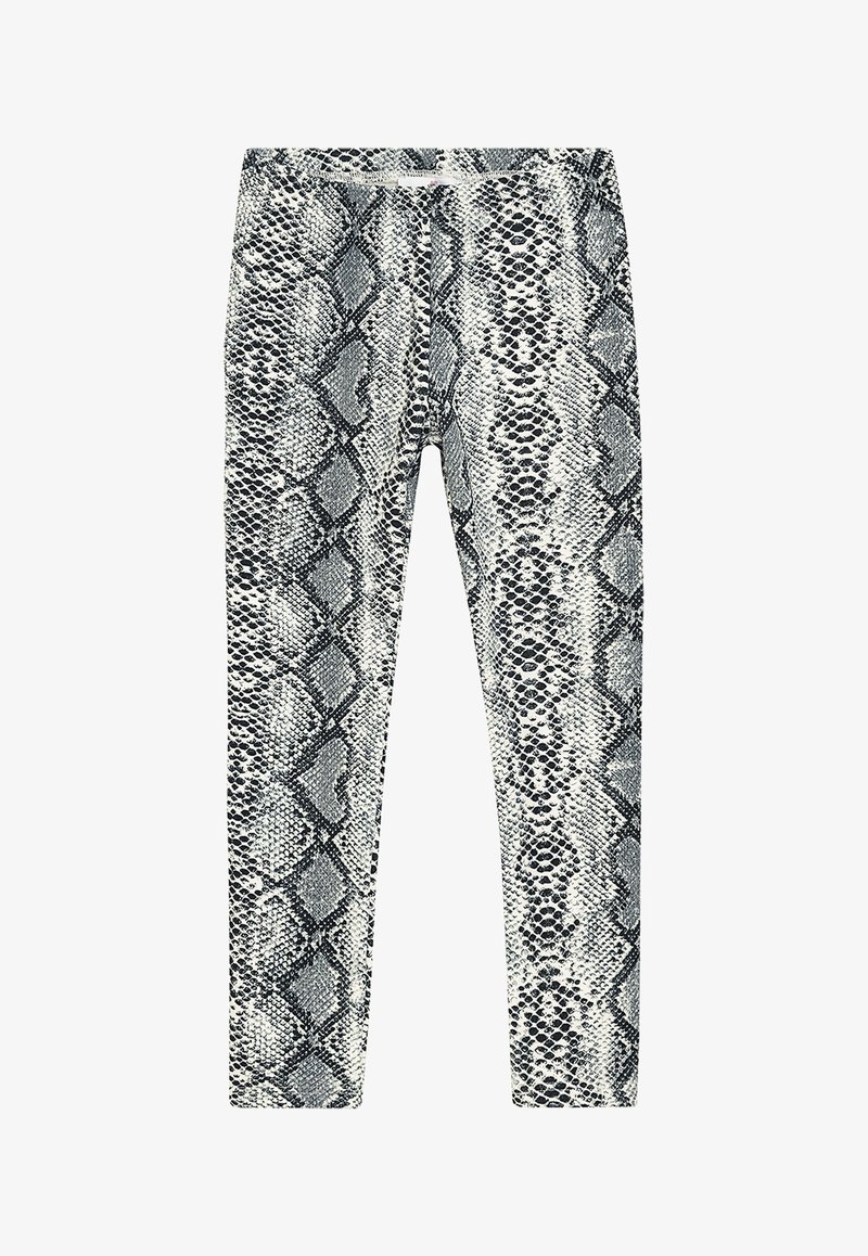 Schlangenprint-Leggings in Schwarz und Weiß mit glatter Textur. Sie verfügen über ein dehnbares Material und ein eng anliegendes Design mit einem breiten Taillenbund.