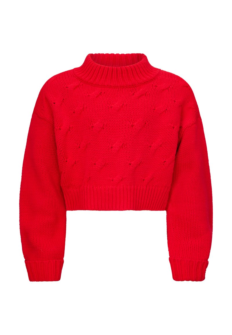 Maglione rosso a maglia rasata con colletto alto, design corto e polsini e orlo a costine. Presenta motivi texturizzati su tutta la superficie del tessuto.