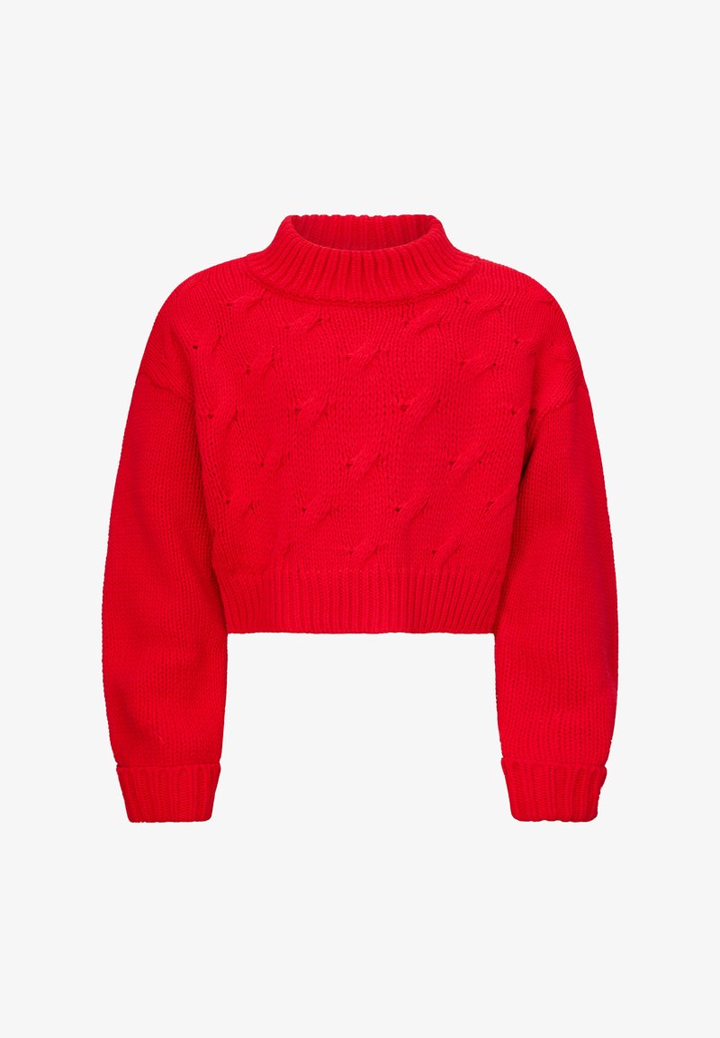 Maglione rosso a maglia rasata con colletto alto, design corto e polsini e orlo a costine. Presenta motivi texturizzati su tutta la superficie del tessuto.