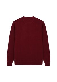 Burgundowa dzianinowa sweter z długimi rękawami, okrągłym dekoltem, prążkowanymi mankietami i dołem; gładka tekstura, minimalne detale i brak widocznych wzorów.