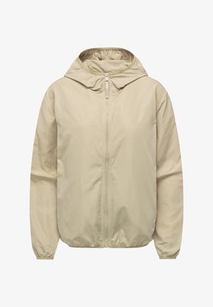 Lichtbeige, lichtgewicht jas met rits aan de voorkant, capuchon, elastische manchetten, gladde textuur, geen zichtbare zakken, eenvoudig ontwerp.