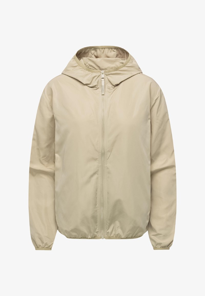 Svetlo béžová, ľahká bunda, predný zips, s kapucňou, elastické manžety, hladká textúra, bez viditeľných vreciek, jednoduchý dizajn.