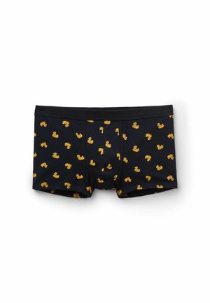Schwarze Herren-Boxershorts mit einem Muster aus kleinen gelben Gummienten, die gleichmäßig auf dem Stoff verteilt sind.