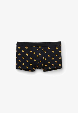 Czarne bokserki męskie z wzorem małych żółtych gumowych kaczek równomiernie rozmieszczonych na tkaninie.