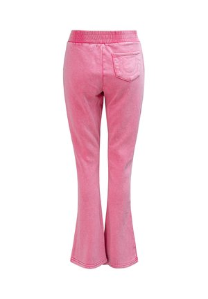 Rosa ausgestellte Hose aus strukturiertem Stoff mit elastischem Bund und einer einzelnen Gesäßtasche mit Ziernähten.